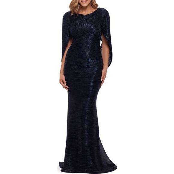 Betsy & Adam Dresses & Skirts - Betsy & Adam Blue Polyester Cape Sleeve Metallic Crinkle Gown Size 4